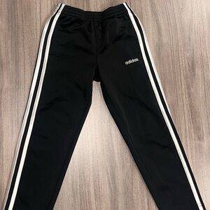 Adidas Boys’ Black Track Pants with White Stripes – Size 5